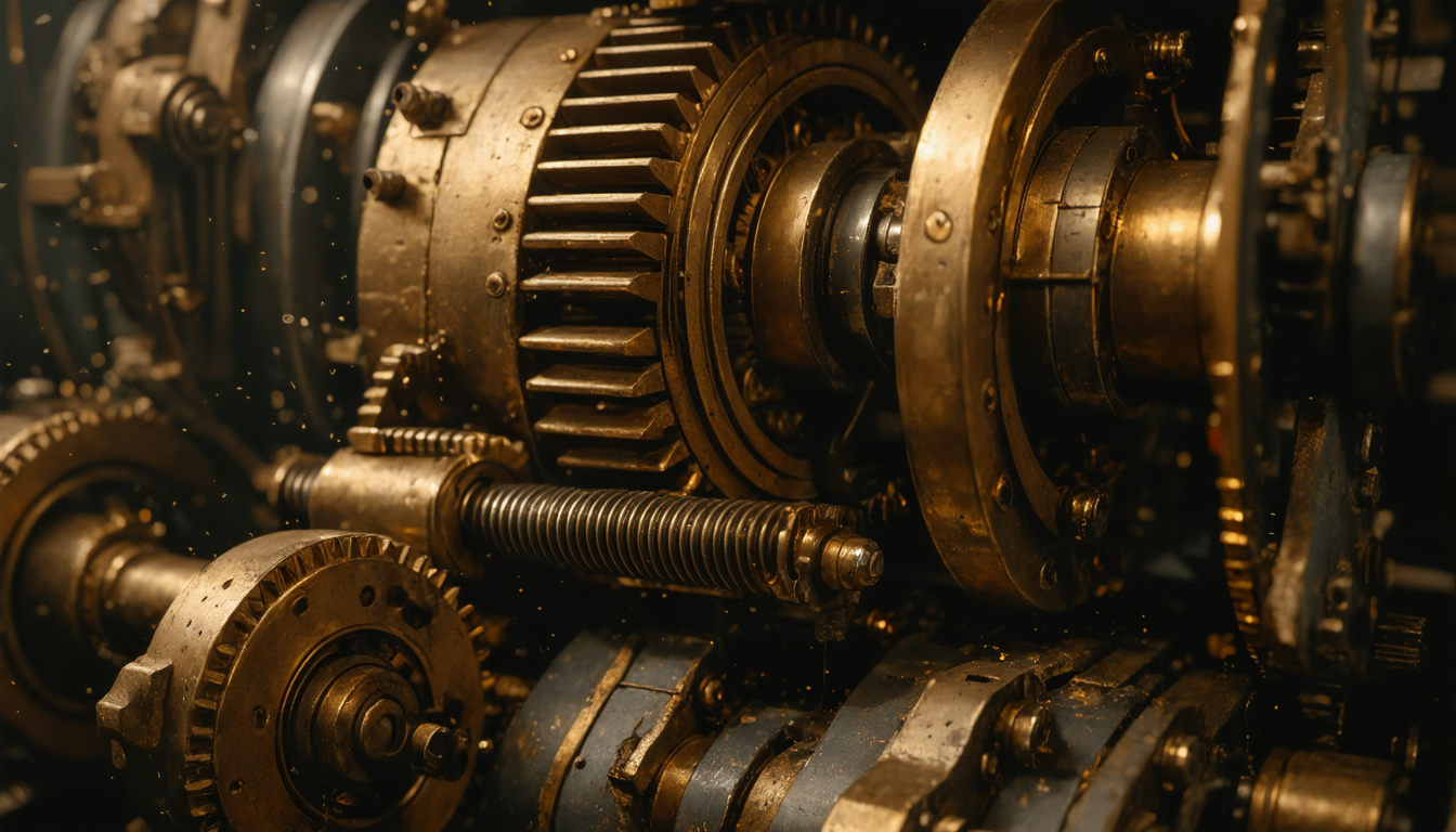 A close view of a large mid-century mechanical computing apparatus, brass and steel components in shadowed light.