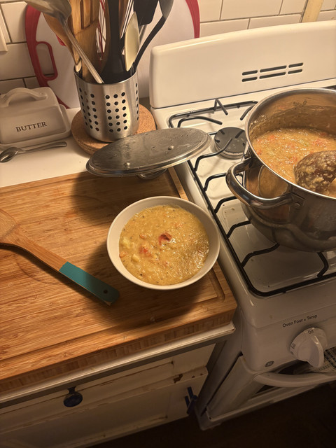 Plated soup with red dot in the centre