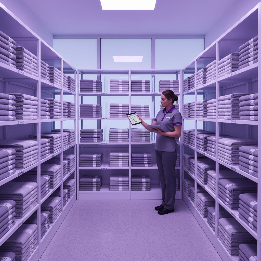 Clean hotel linen inventory room with RFID-tagged towels and sheets, organized shelves, staff checking stock on a tablet