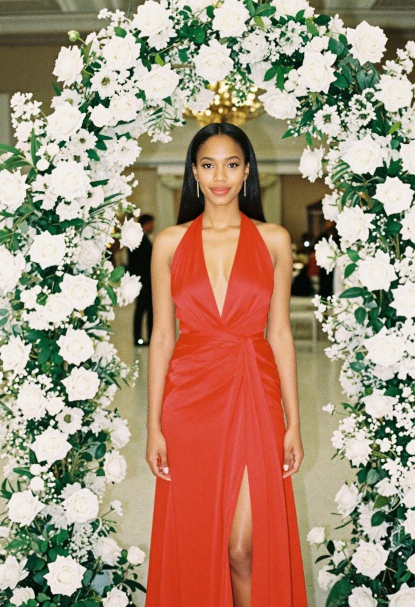 Scarlet red halter gown against white floral arch for dramatic prom entrance