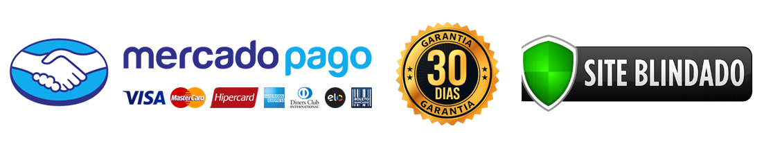 Mercado Pago · Visa · Mastercard · Hipercard · Elo · Satisfação 30 dias · Site Blindado