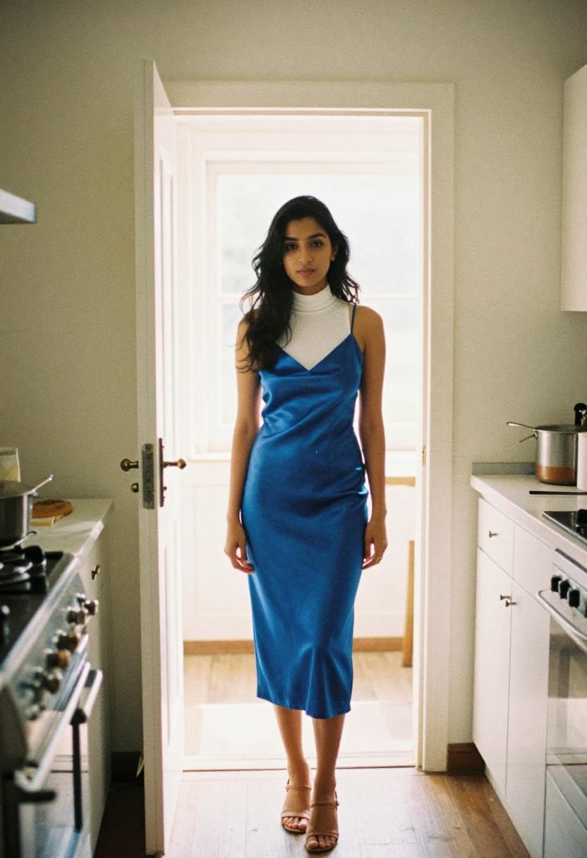 Cobalt blue satin slip dress over white turtleneck for cooking date