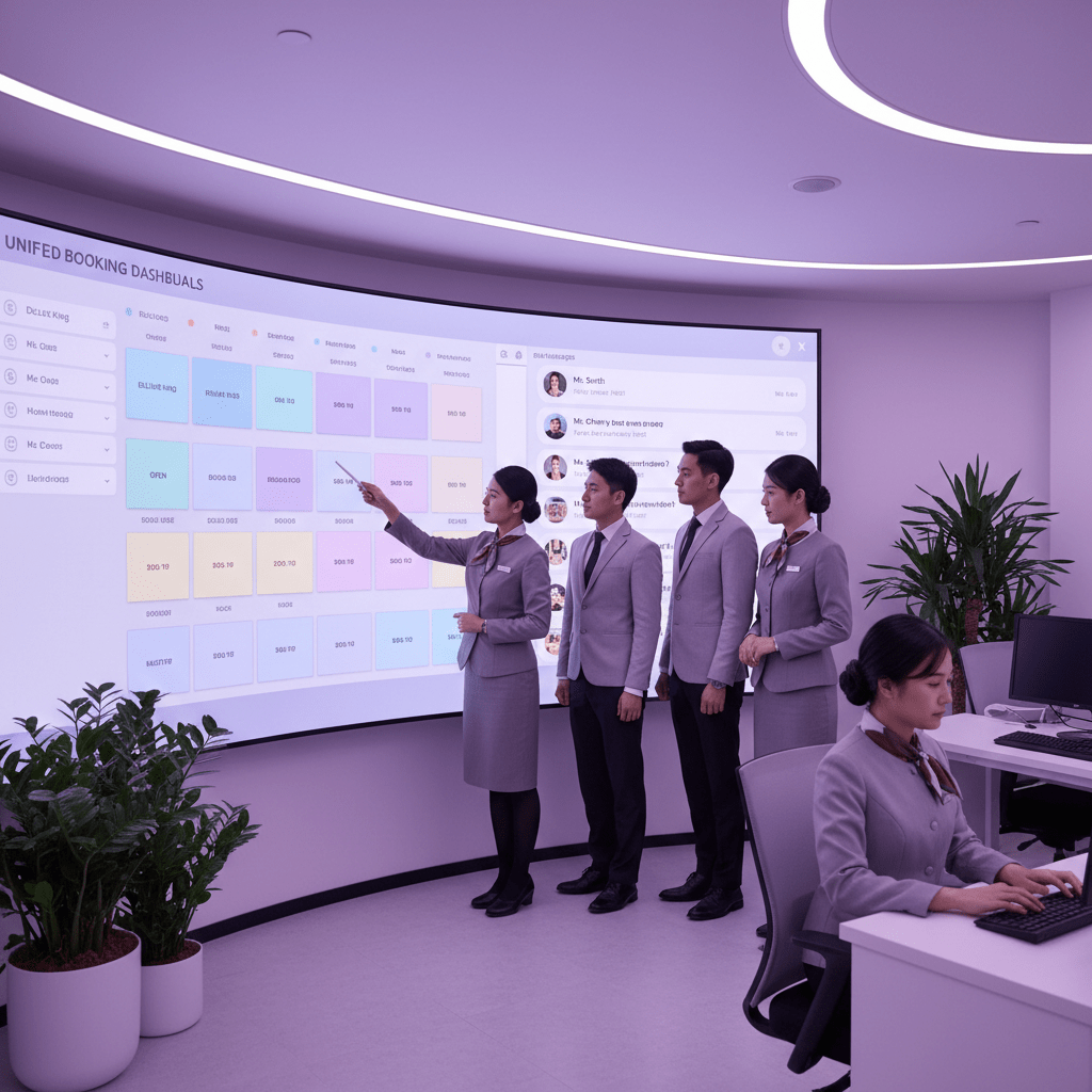 Hotel team monitoring a unified booking dashboard with room availability and guest messages in a calm operations center