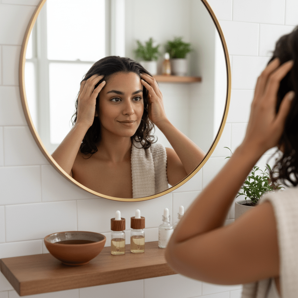 Person applying amla oil to the scalp in a bright bathroom self-care scene