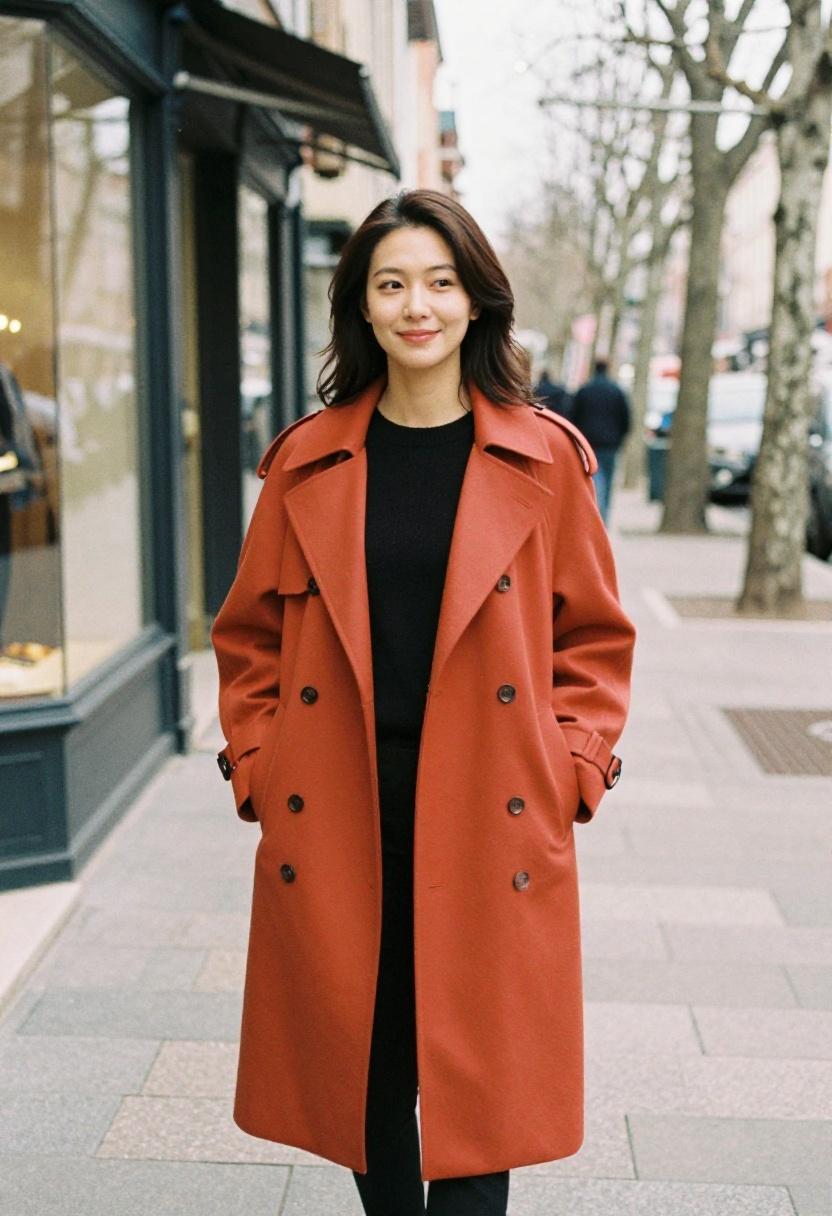 Terracotta longline trench coat with hands-in-pockets ease on a European city street