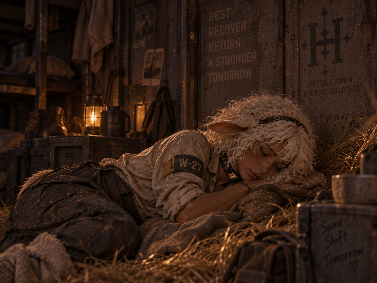 Demi-human worker sleeping in basic assigned housing after a work shift