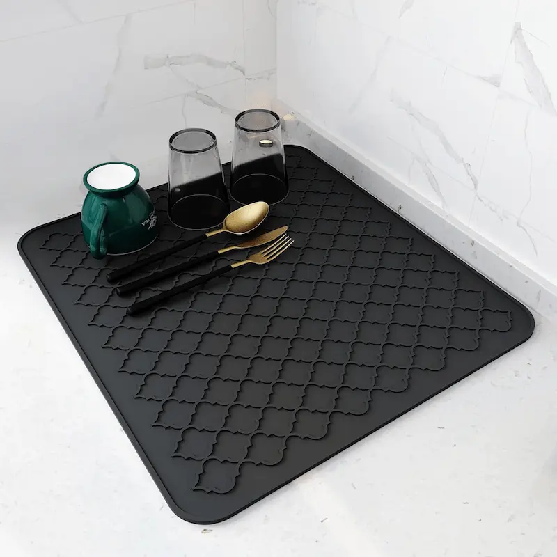 AMOAMI Silicone Dish Drying Mat – Heat Resistant Kitchen Counter Pad, 16×18″ Black