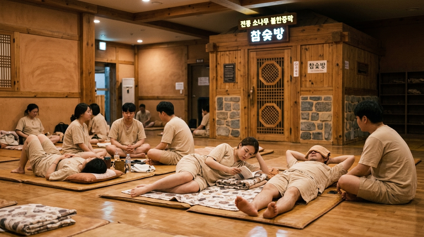 Visitors relaxing inside a Korean jjimjilbang sauna common area wearing uniforms