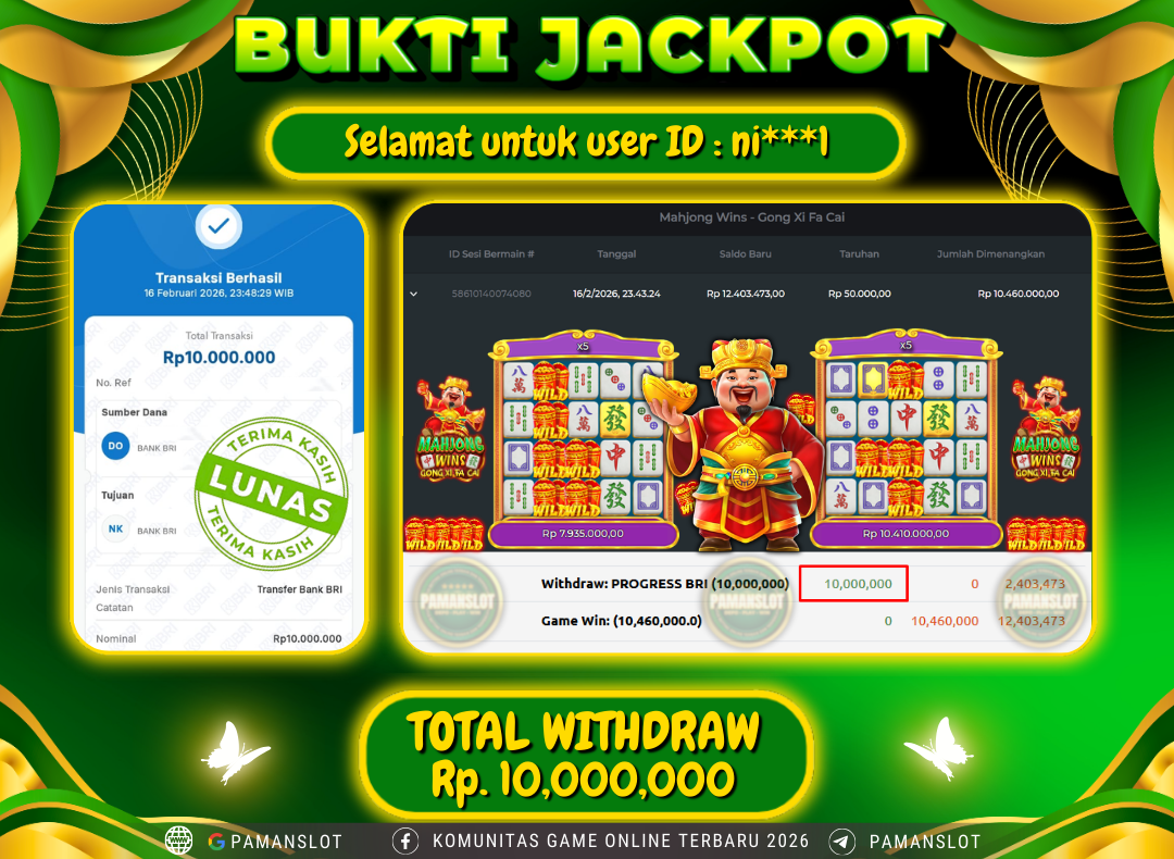 PAMANSLOT JACKPOT Game PP - Mahjong Wins - Gong Xi Fa Cai Rp.10,000,000- LUNAS