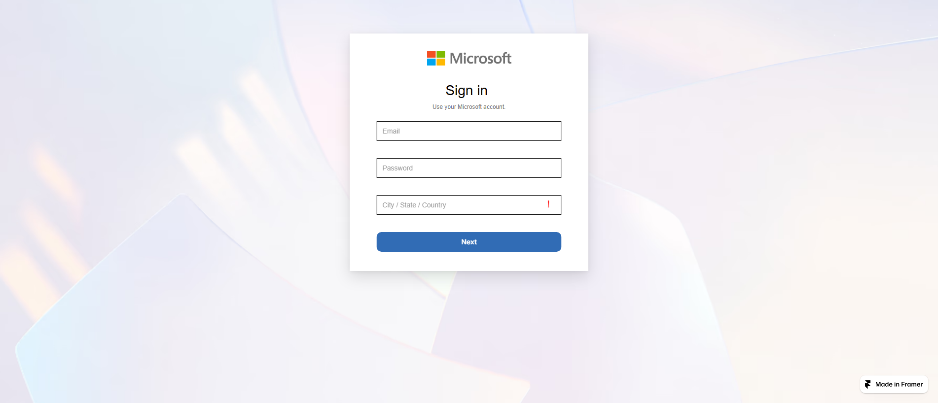 Forensic screenshot of verify-microsoft-account.framer.wiki showing the phishing page layout