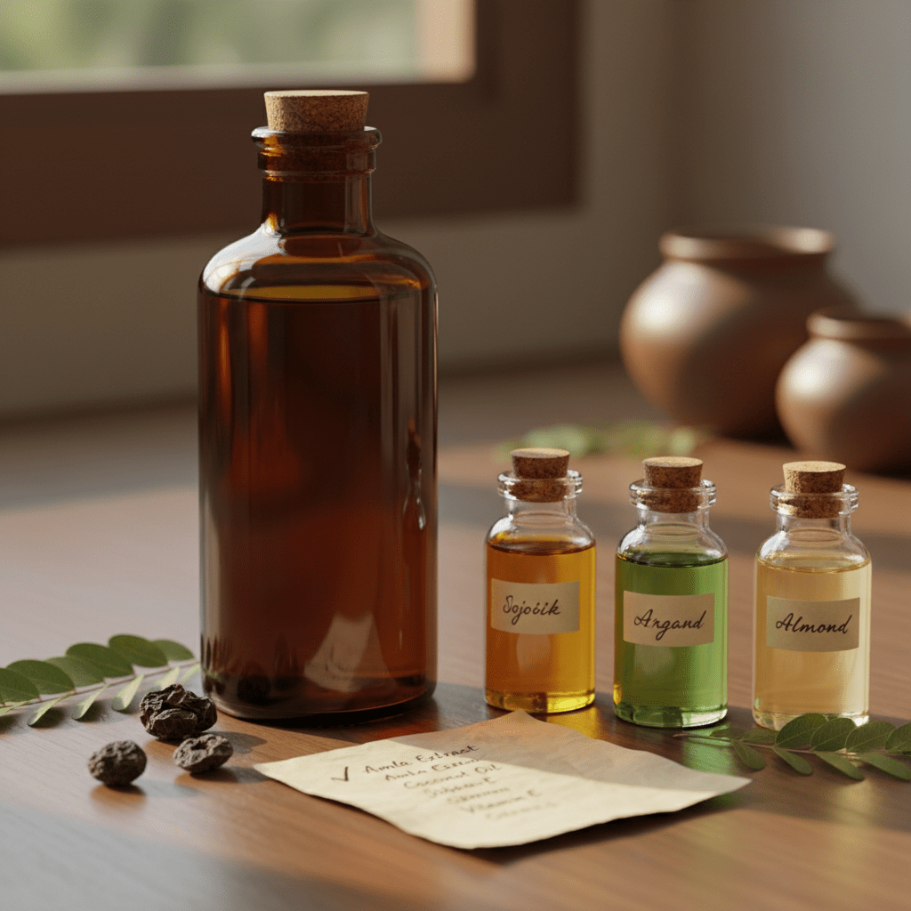 Premium amla oil bottle with natural carrier oils and label guidance