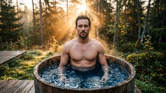 Person standing calmly in outdoor ice bath at sunrise with steam rising, conveying discipline and vitality