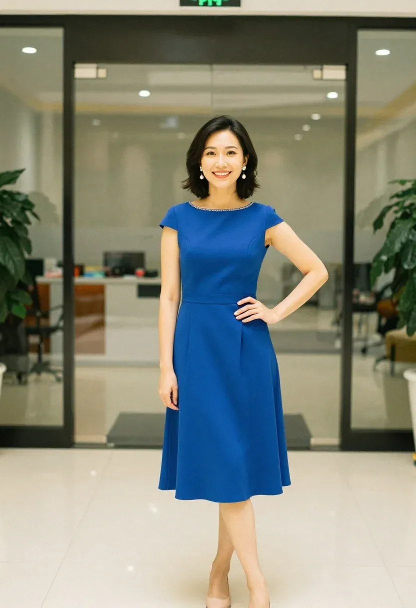 Petite East Asian woman in a cobalt blue A-line dress standing in a modern office lobby
