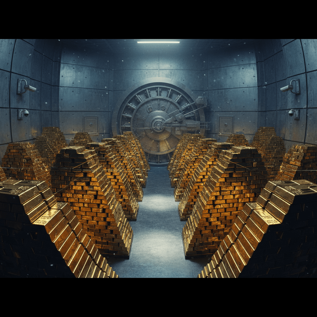 A secure bank vault filled with gold bars.