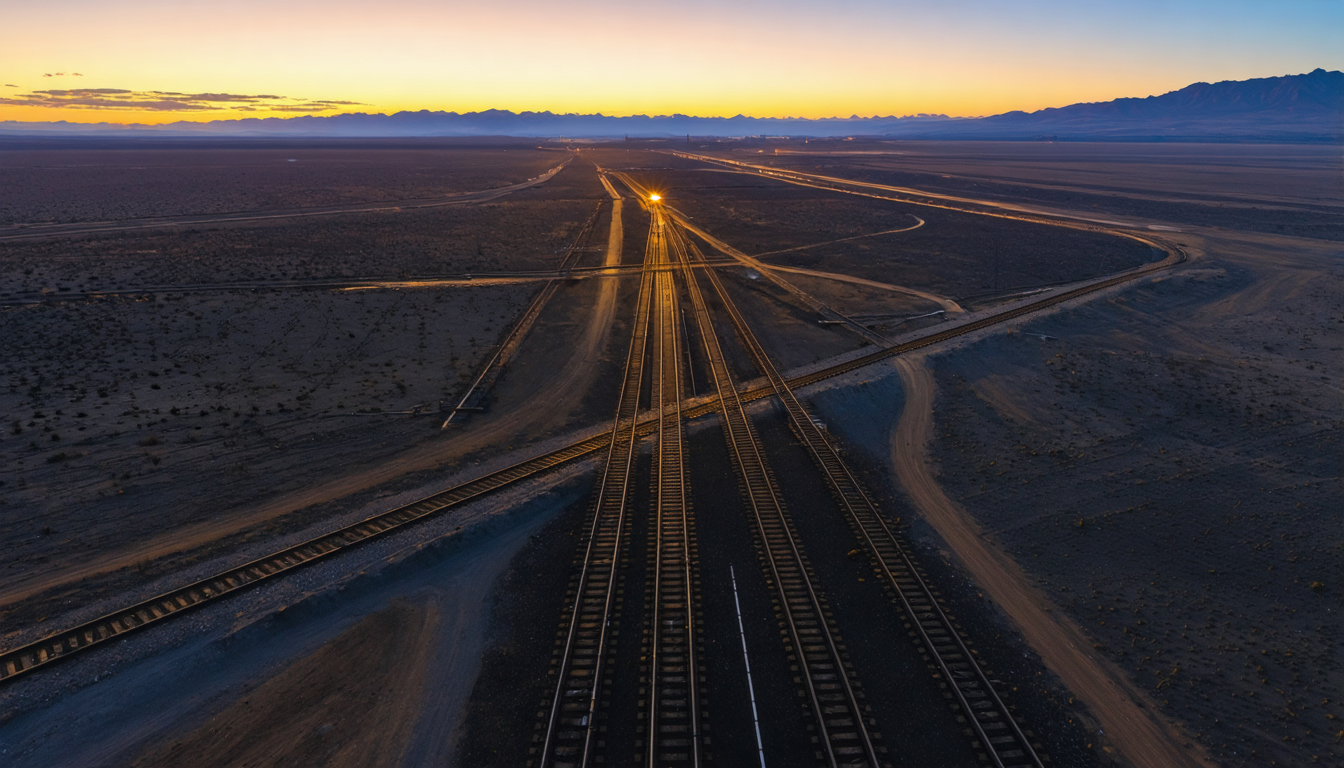 An aerial view of rail lines multiplying and crossing across a vast plain until they resemble the enclosing shell of a dome.