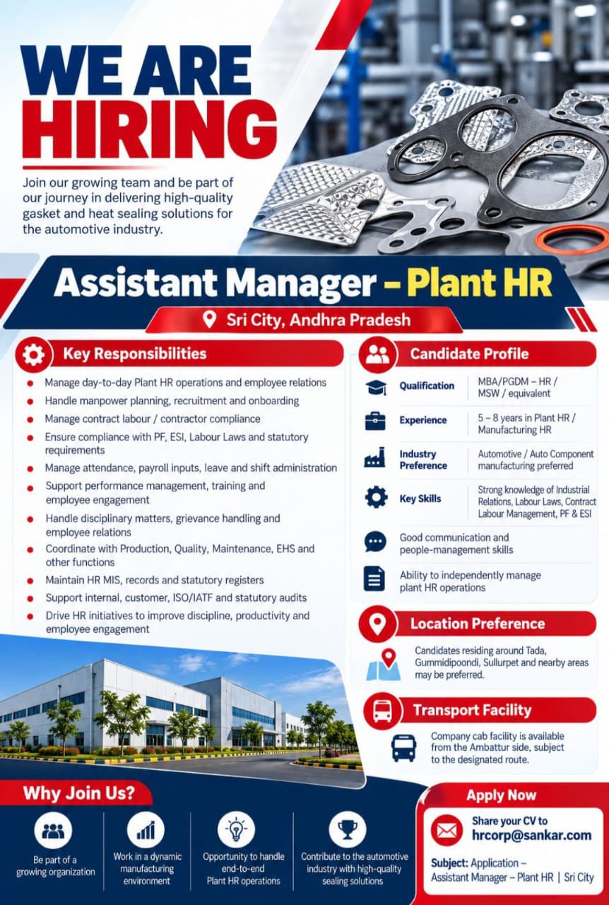 Assistant Manager – Plant HR recruitment poster — job opening