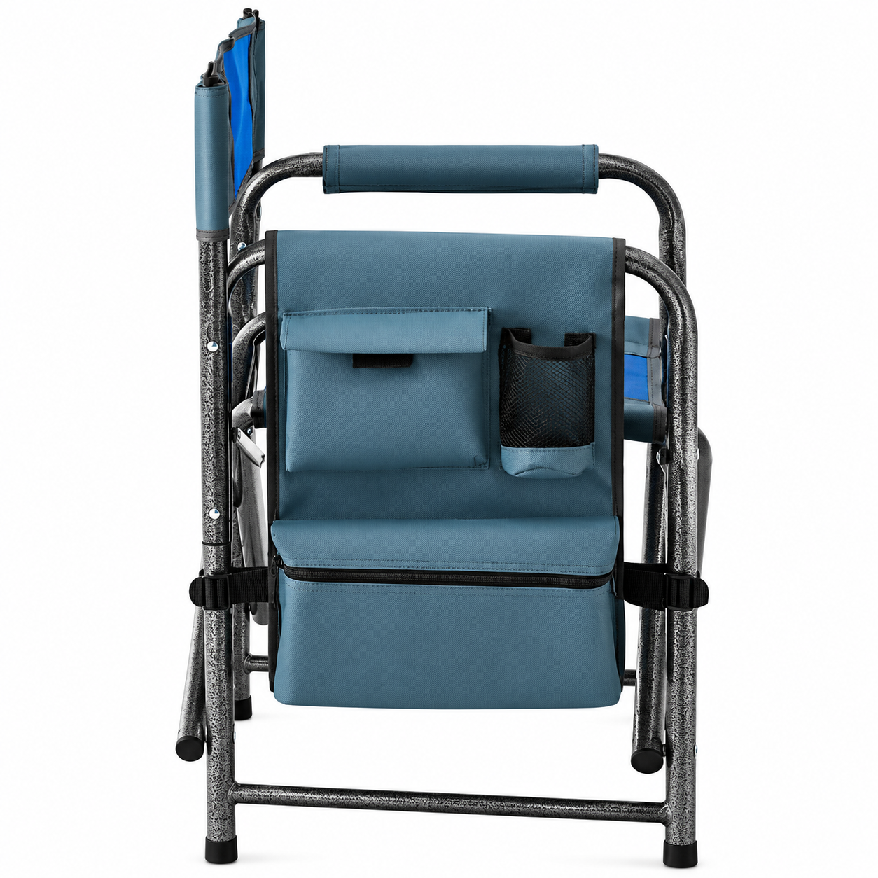 Folded padded camping chair showing side organizer pockets and compact storage profile