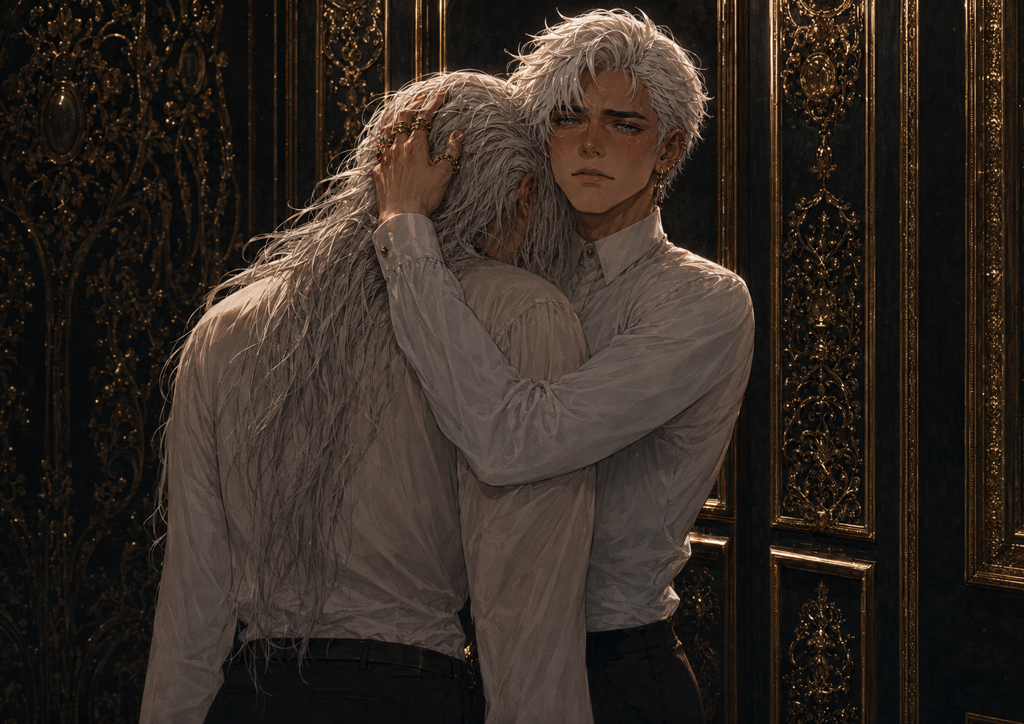 Apollo holding Landon in a dark Serpentine hallway.