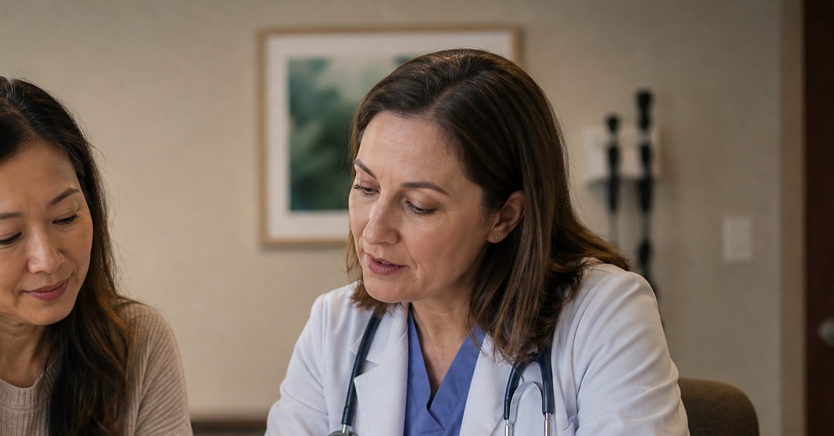 A woman and a female physician seated at a clinical desk, both reviewing a printed transition plan — communicating that stopping GLP-1 therapy requires a structured clinical plan covering tapering, habit maintenance, and hormonal support rather than abrupt discontinuation A woman and a female physician seated at a clinical desk, both reviewing a printed transition plan — communicating that stopping GLP-1 therapy requires a structured clinical plan covering tapering, habit maintenance, and hormonal support rather than abrupt discontinuation