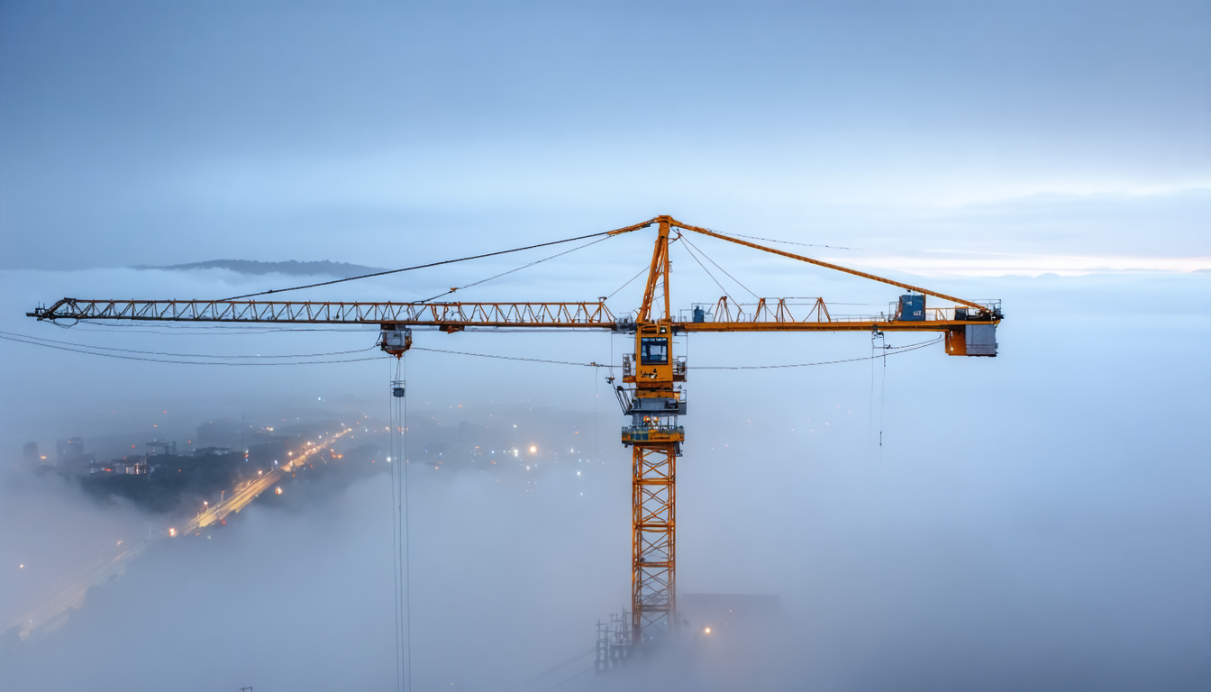 A construction crane at rest in dense fog, boom extended, no load, geometry stark against diffuse grey.