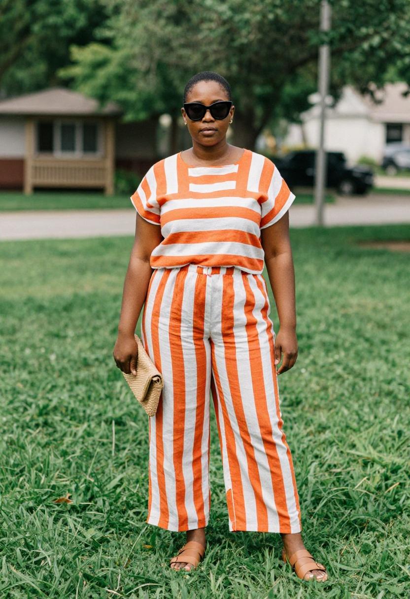 Tangerine striped linen co-ord set with slides for warm weather