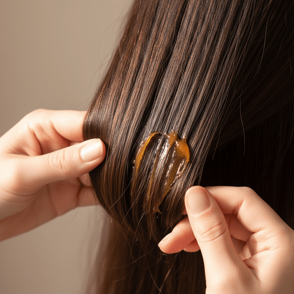A close-up of hair ends being sealed with beeswax balm for moisture retention