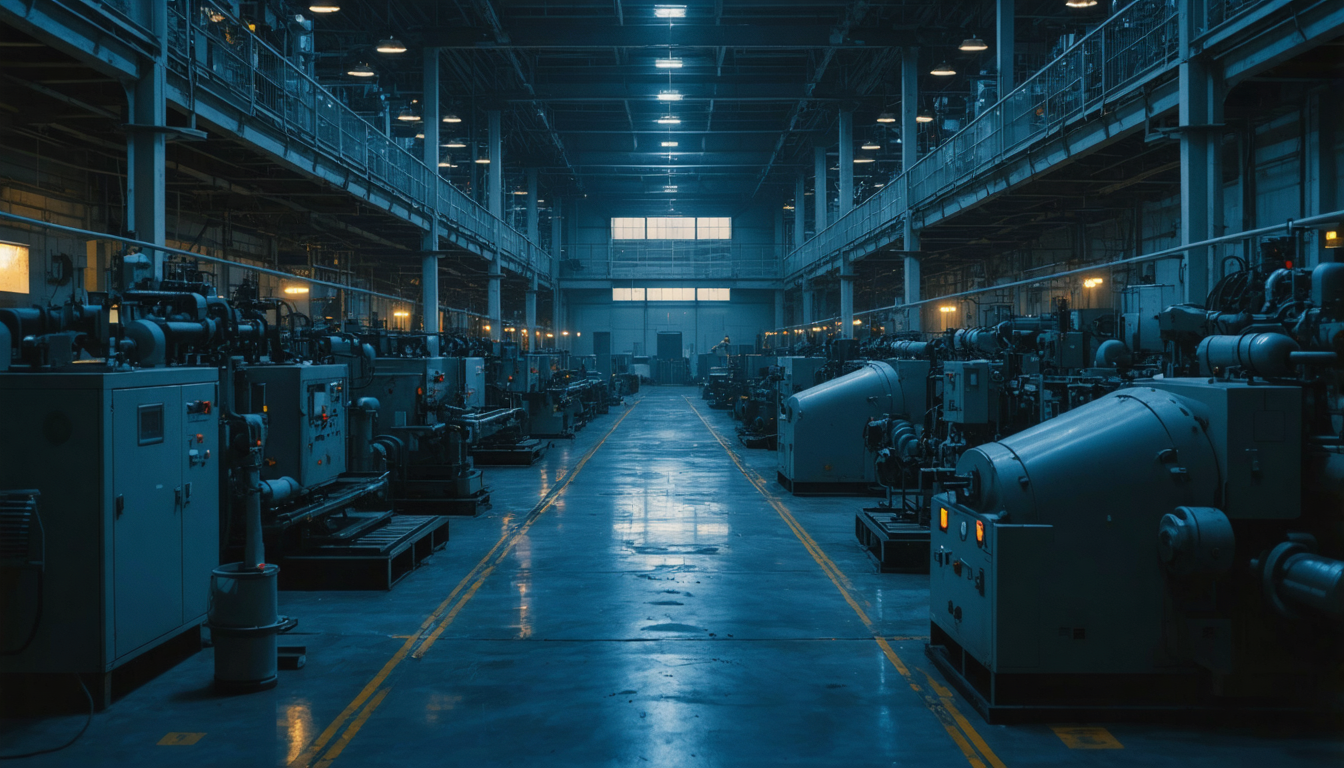 An empty, dimly lit industrial factory floor at night with rows of idle machines, and a single illuminated office window visible on a mezzanine above.