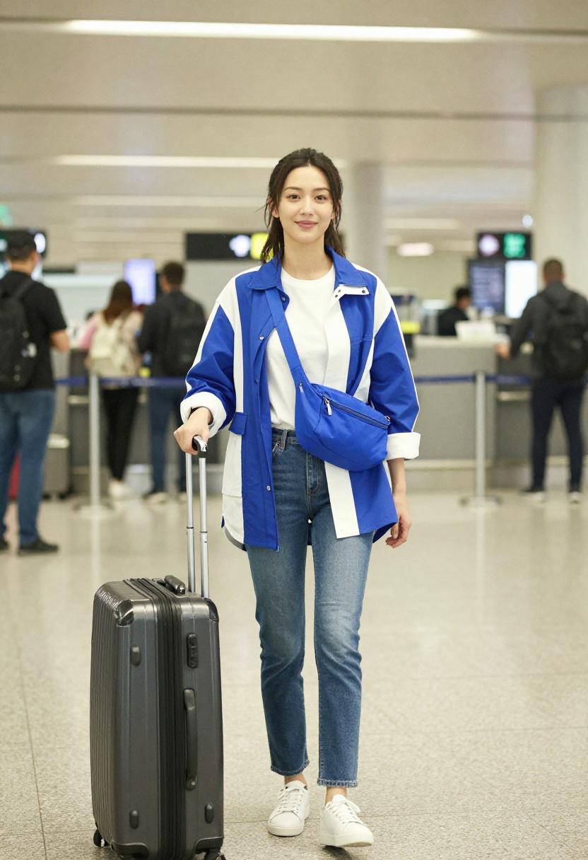 Woman in color-blocked shirt jacket with cobalt crossbody bag at airport looking runway-ready