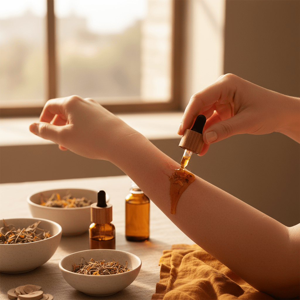 Calm skincare scene with herbal oil applied to irritated skin