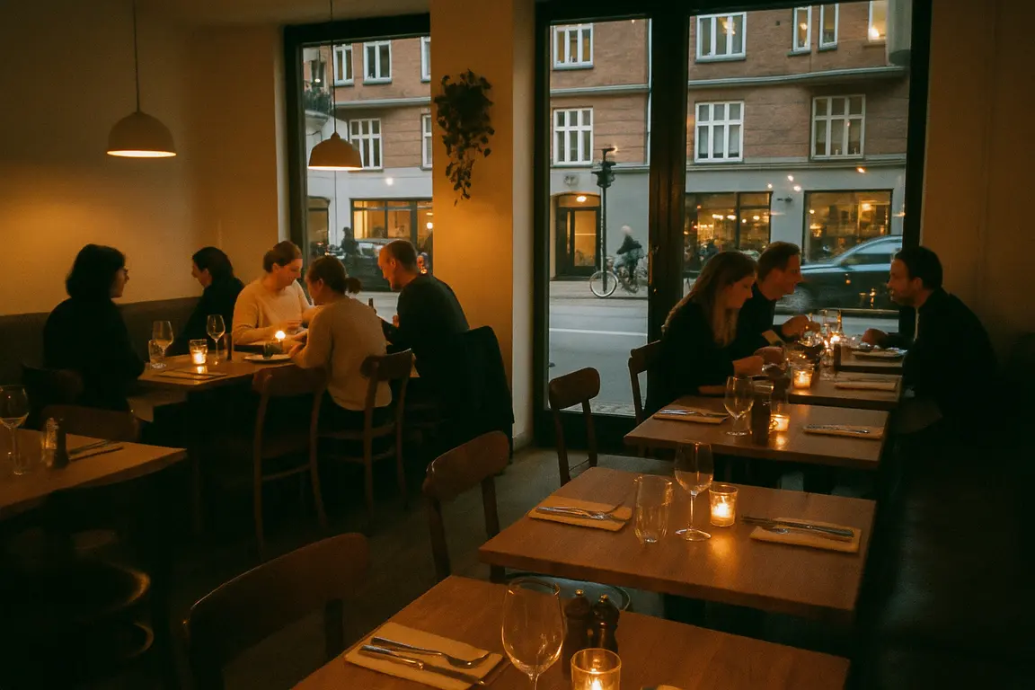 Hyggelig restaurant på Østerbro med gæster ved bordene og dæmpet belysning