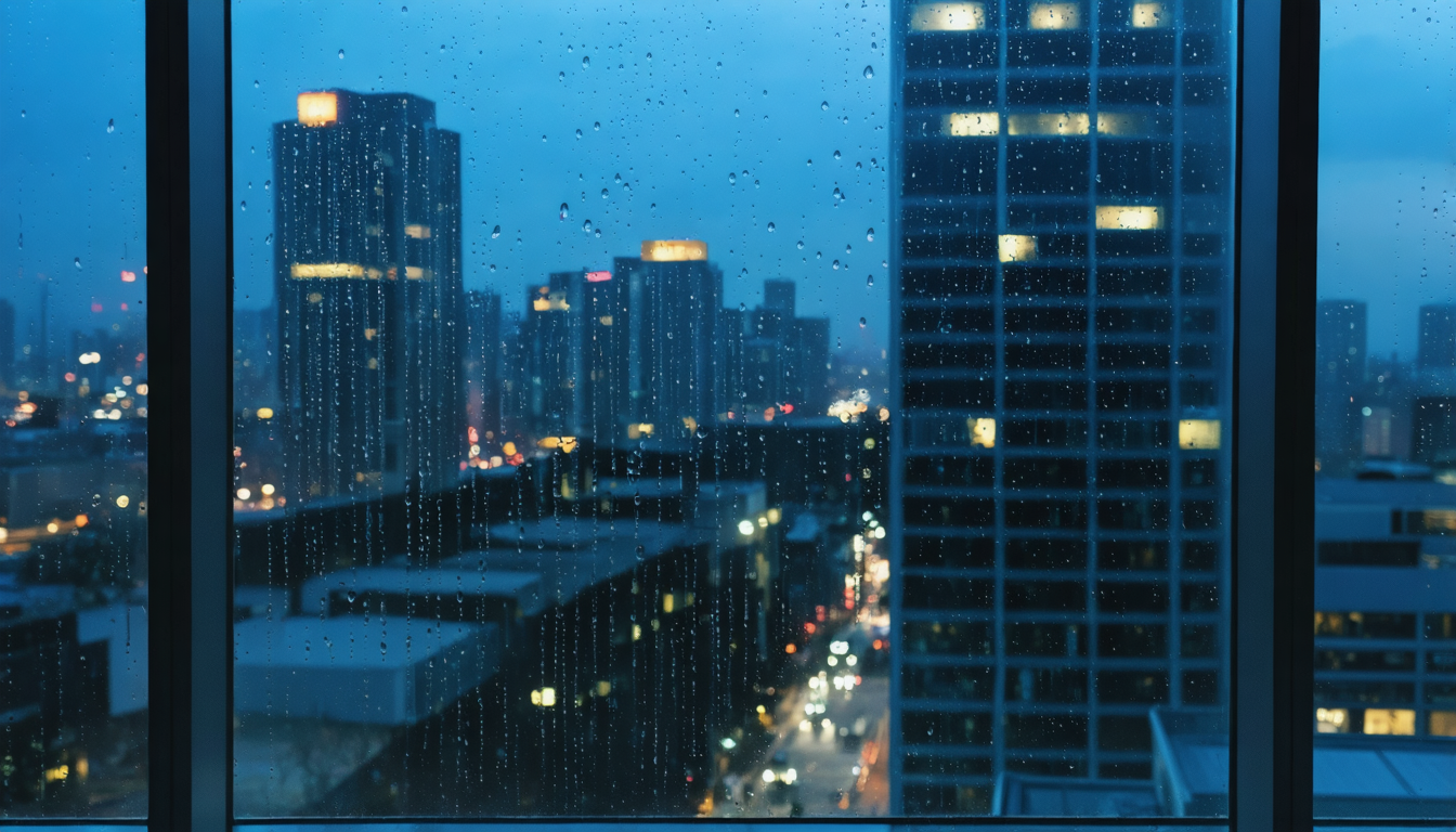 View through a rain-speckled window of an empty office building at dawn, lights on in only a few floors