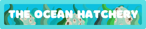 A turquoise banner with 'The Ocean Hatchery' in a bubbly white font. Behind, 3 Unhatched Water Eggs are nestled in a kelp forest.