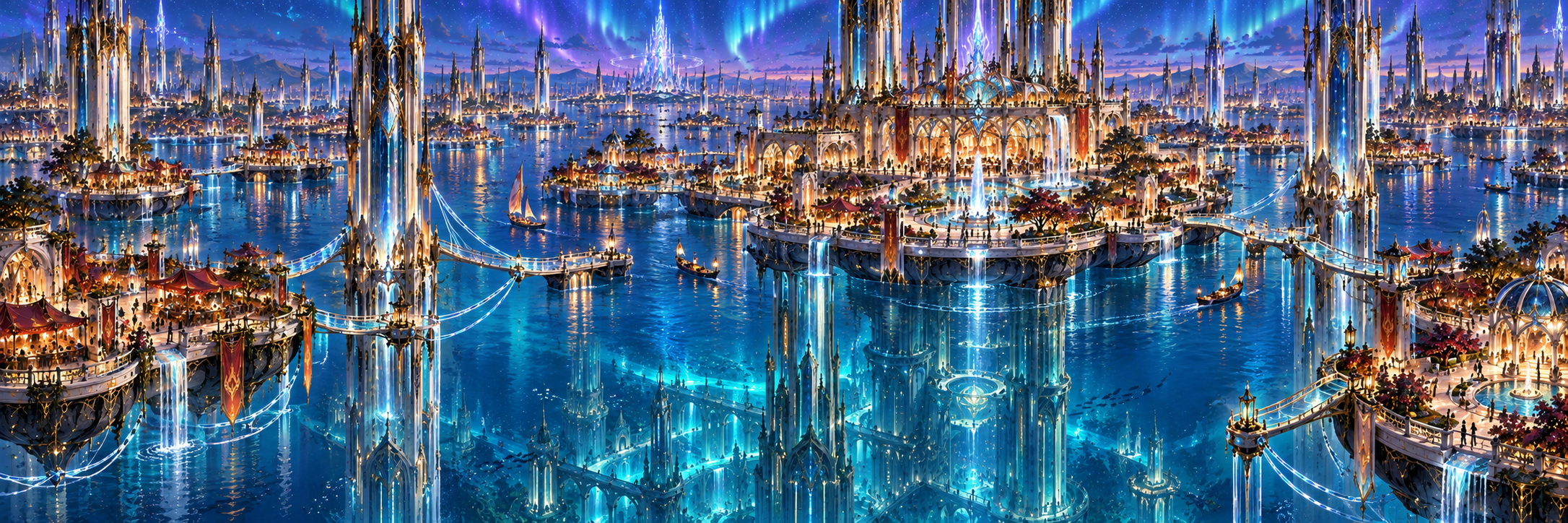 Floating neighborhoods above the underwater city of Aqualis.