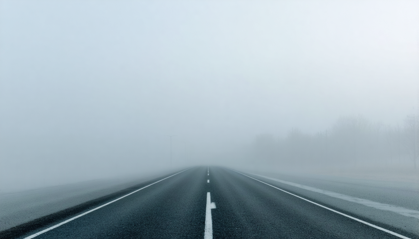 A single-lane road disappearing into thick fog, only the near stretch visible under flat gray light, the far half taken on faith.