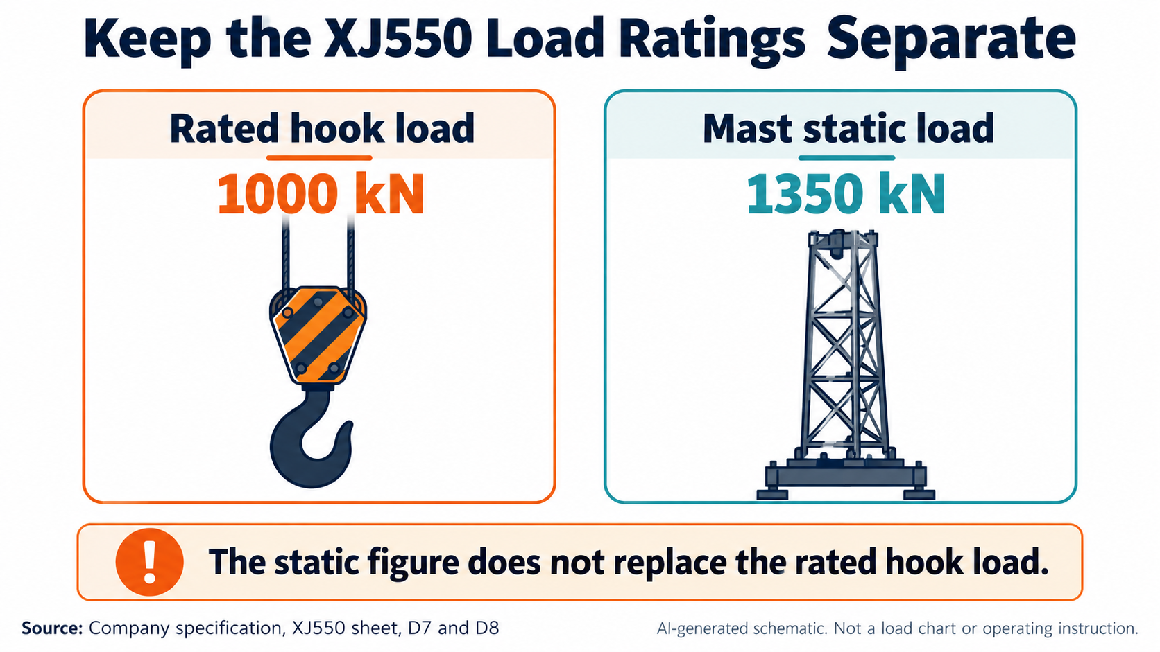 Diagram separately labeling XJ550 rated hook load and mast static load