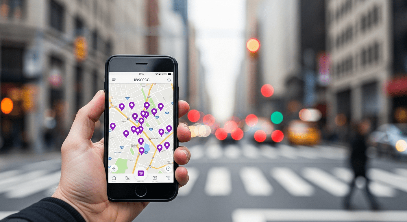 Hand holding a smartphone on a busy urban street showing a map interface with location pins highlighted in #9900CC purple