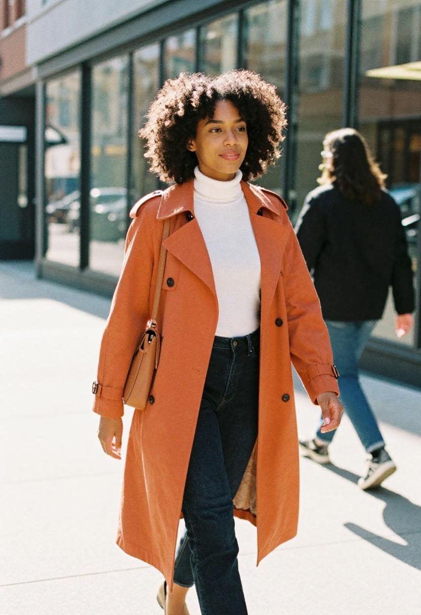 Woman in tangerine trench coat with tan crossbody bag showing confident urban street-to-office style