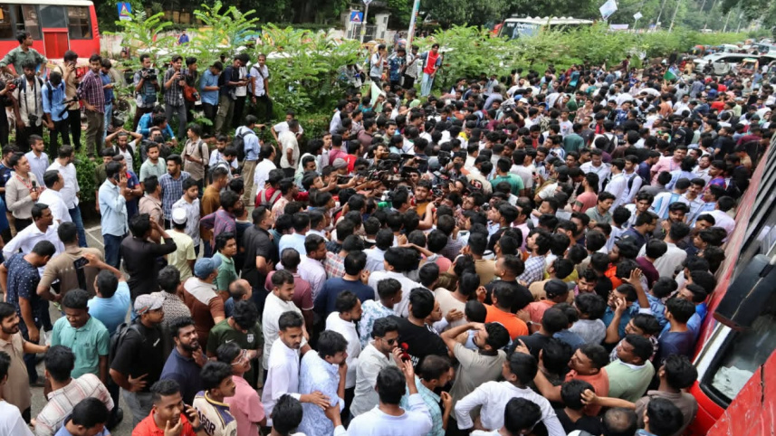 HSC examinees staging massive demonstrations and blocking roads to demand the resignation of the Education Minister and postponement of exams.