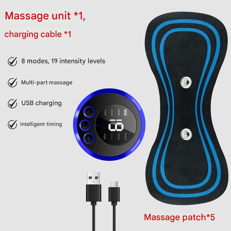 7-pack Black and Blue Mini Massage Patch - Portable Smart Neck & Shoulder Massager with 8 Modes, 19 Intensity Levels, USB Rechargeable, PU & PET Material for Muscle Relief