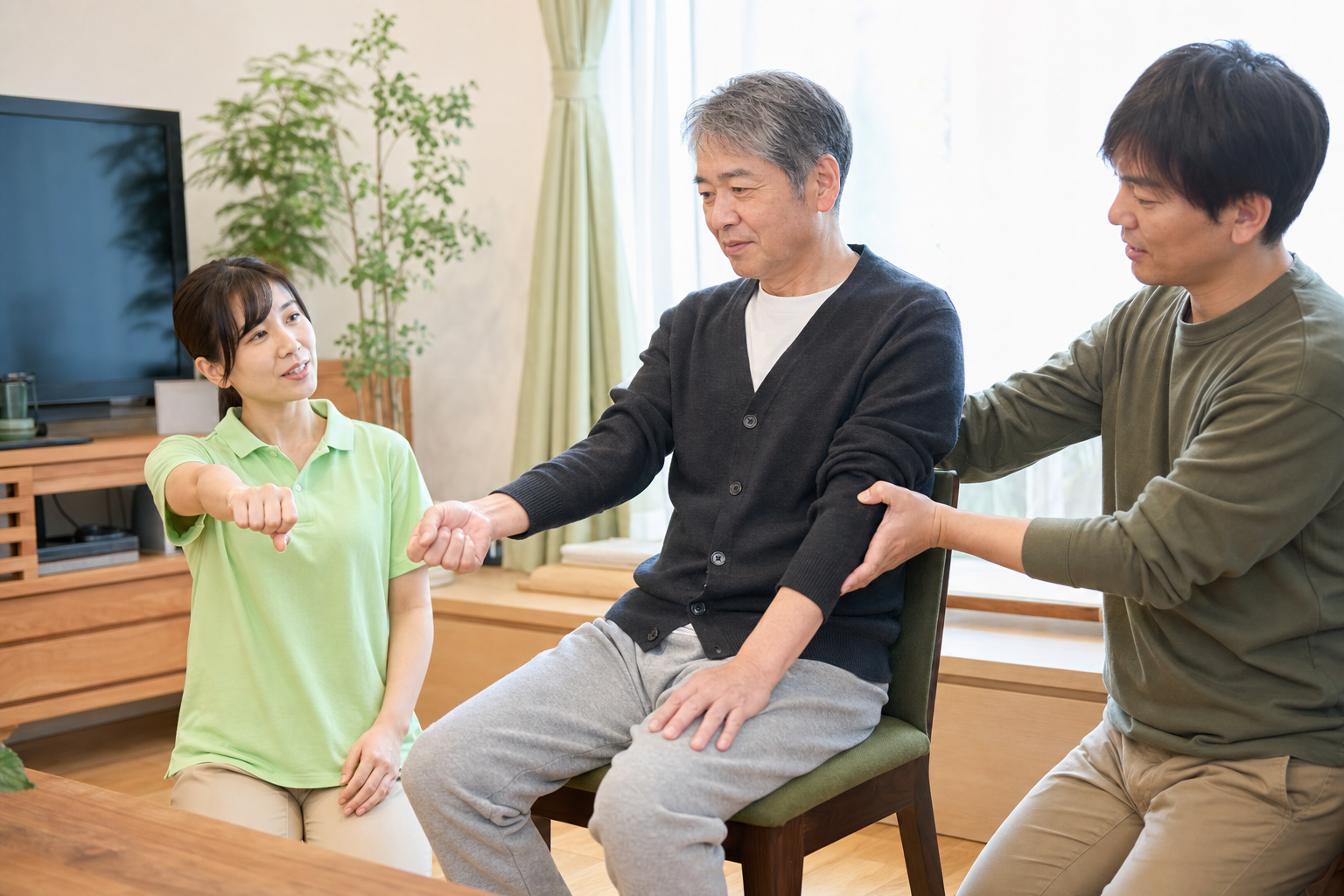 専門職の実演を見ながら家族と行う脳卒中後の運動