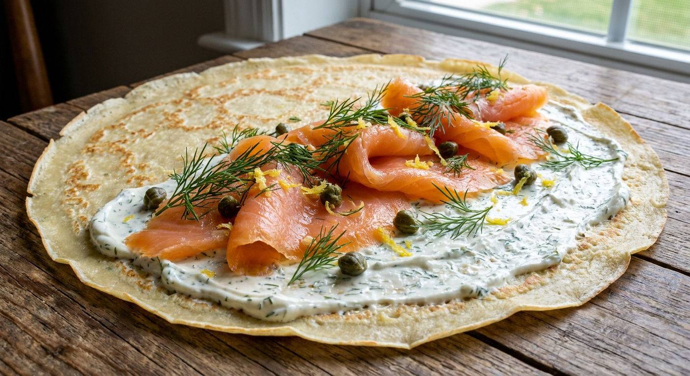 Elegant crepe with dill cream cheese and smoked salmon.