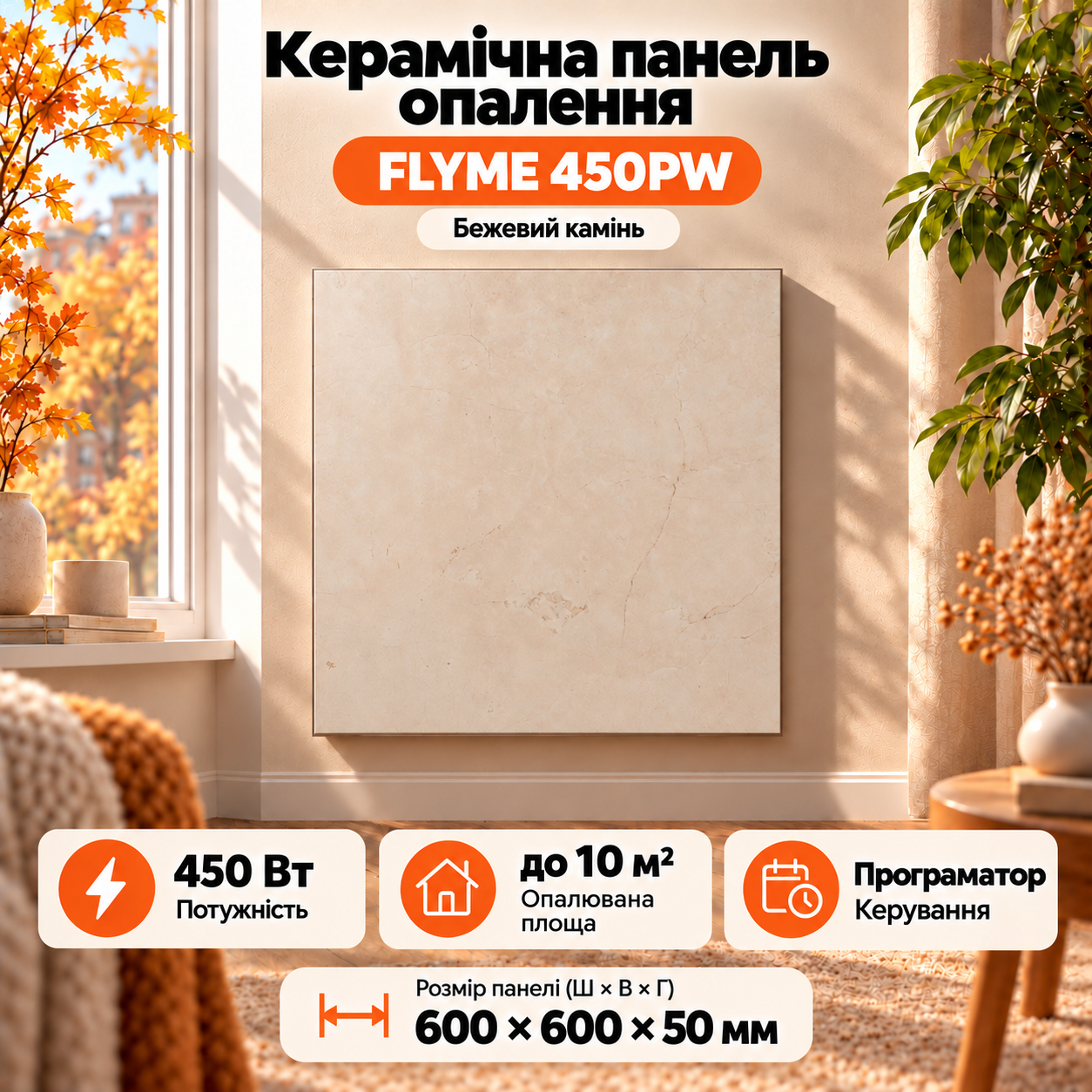Керамічна панель FLYME 450PW бежевий камінь з програматором