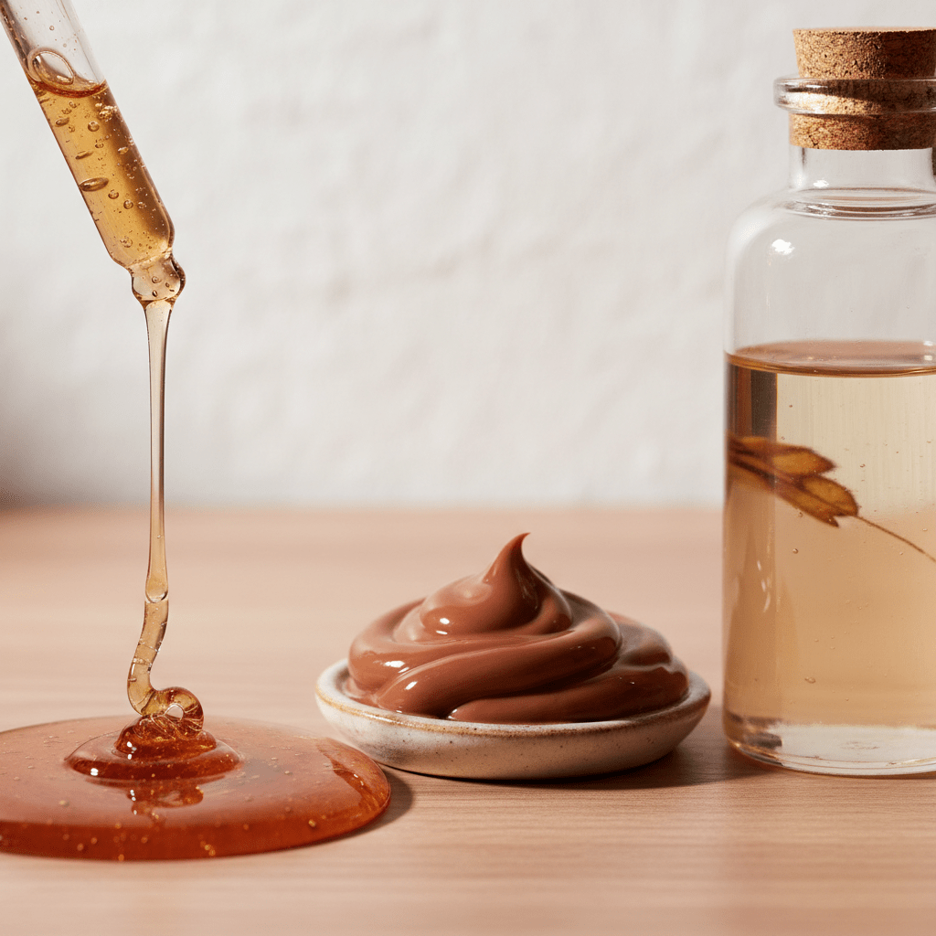 Macro skincare scene with glycerine-rich serum and moisturizer textures beside a simple ingredient bottle