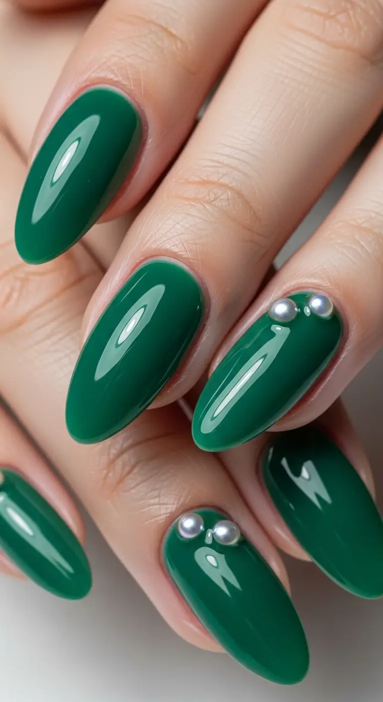 Deep Jade Glazed Donut Pearl Short Almond Nails
