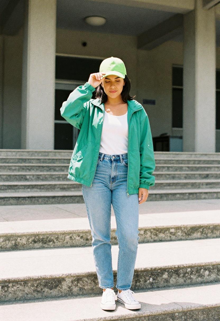 Woman in chartreuse windbreaker and baseball cap adding a sporty pop of color at the stadium staircase