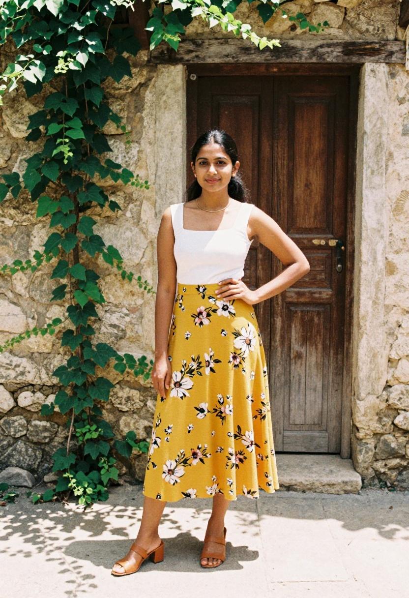 Saffron yellow floral midi skirt with crisp white top for Mother's Day church or family dinner