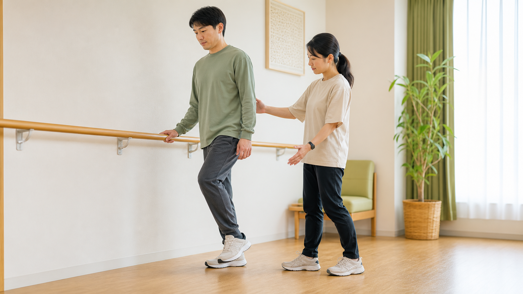 CMTの方が手すりと専門職の見守りでバランス練習を行う場面