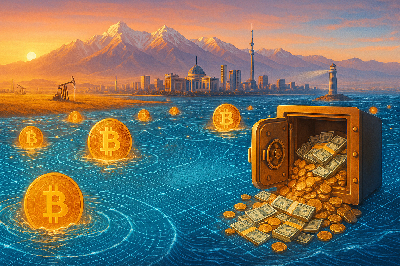 Illustration of Kazakhstan's move toward a national cryptocurrency reserve, symbolizing economic diversification from oil