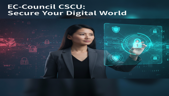 EC-Council CSCU: Secure Your Digital World A confident modern professional interacting with a holographic interface, visually positioned between a chaotic digital landscape of cyber threats (left) and an organized, secure digital environment with shield and padlock icons (right), illustrating the empowerment and protection gained through EC-Council CSCU certification.