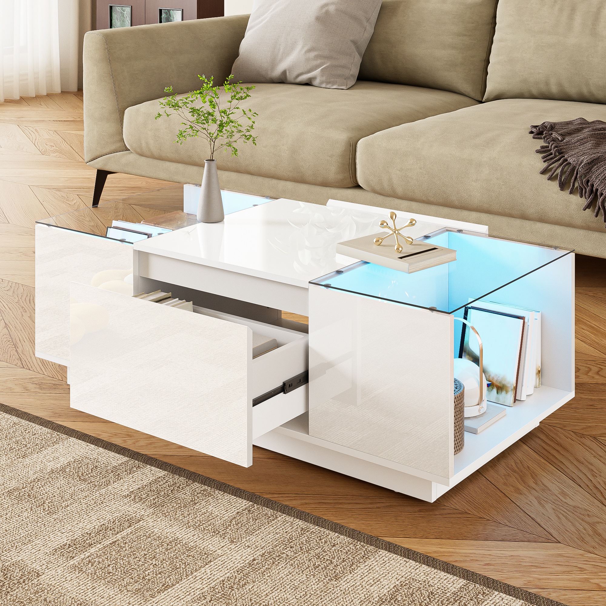 Table Basse Blanc, 2 Tiroirs, Rangement, Éclairage LED, Gestion des Câbles, Portes Vitrées, Design Moderne - 105x50x35cm - Salon 6